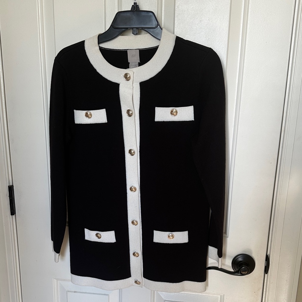 H&M Black and White Cardigan with Gold Buttons